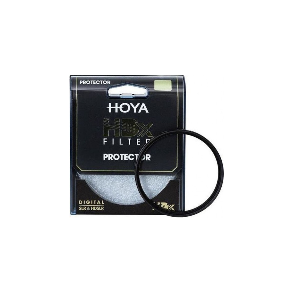 Hoya HDX protector filter verpakking met een rond glazen filter ernaast.