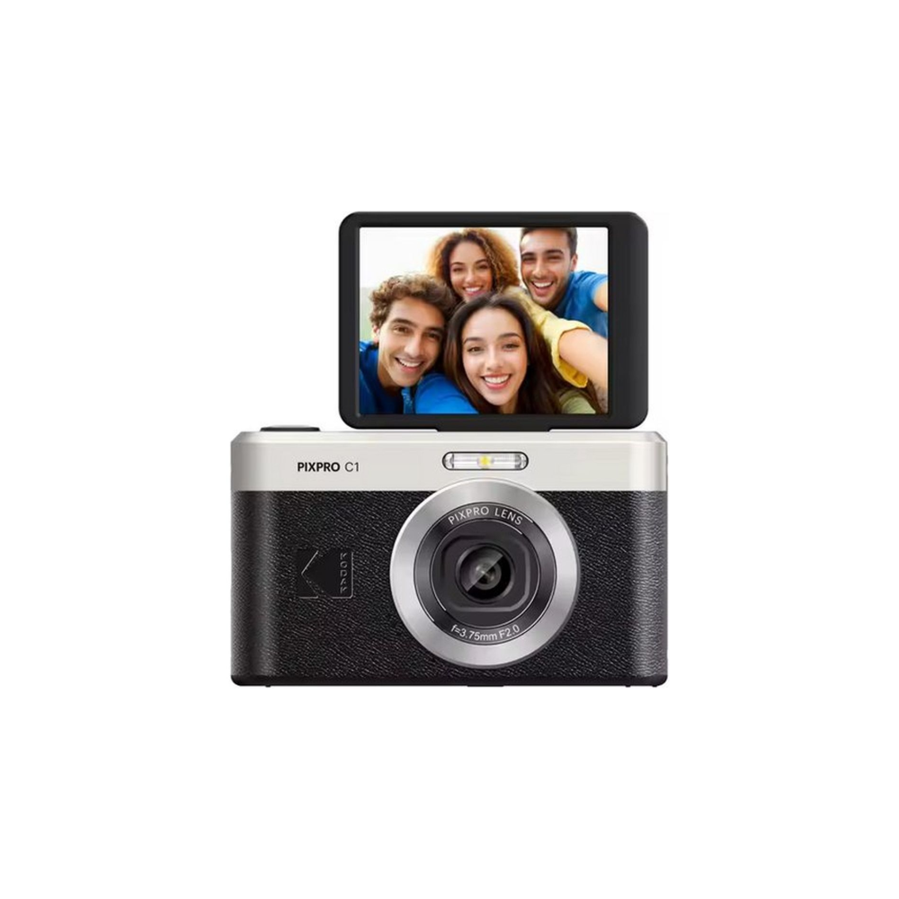 A digital camera with a flip-up screen showing four smiling faces.