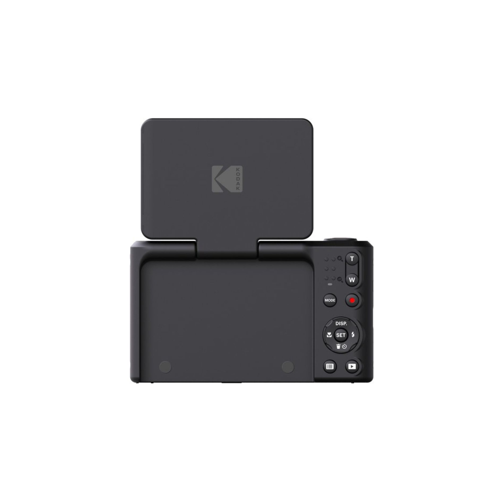 Black digital camera with flip-up screen and KODAK logo.
