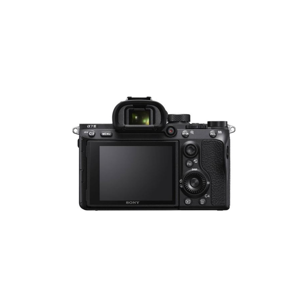 Back view of a black Sony Alpha 7 III camera with LCD screen and viewfinder.