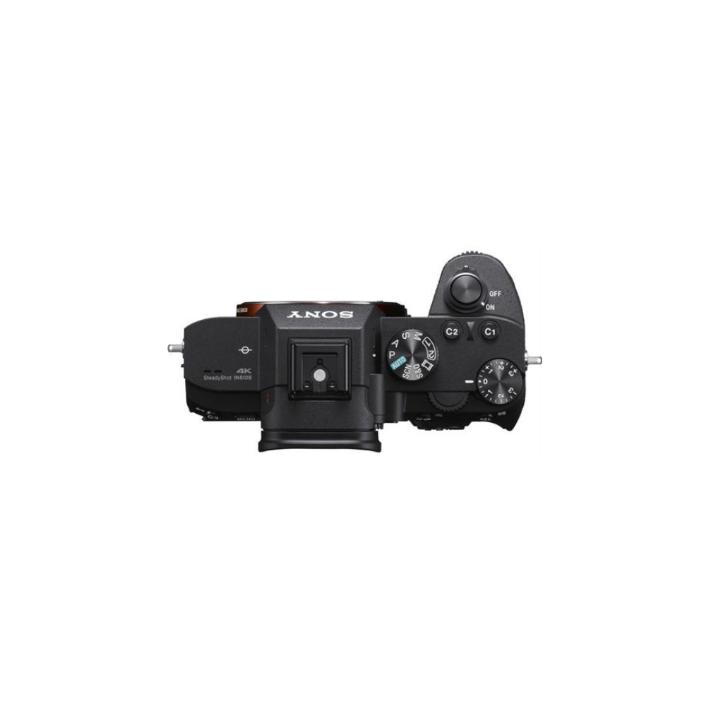 Top view of a black Sony camera with lens mount and control dials.