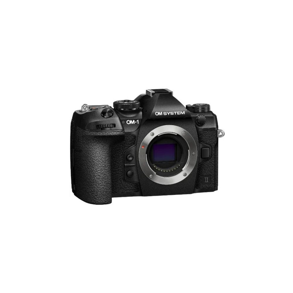 Een zwarte OM System digitale camera met lensvatting.