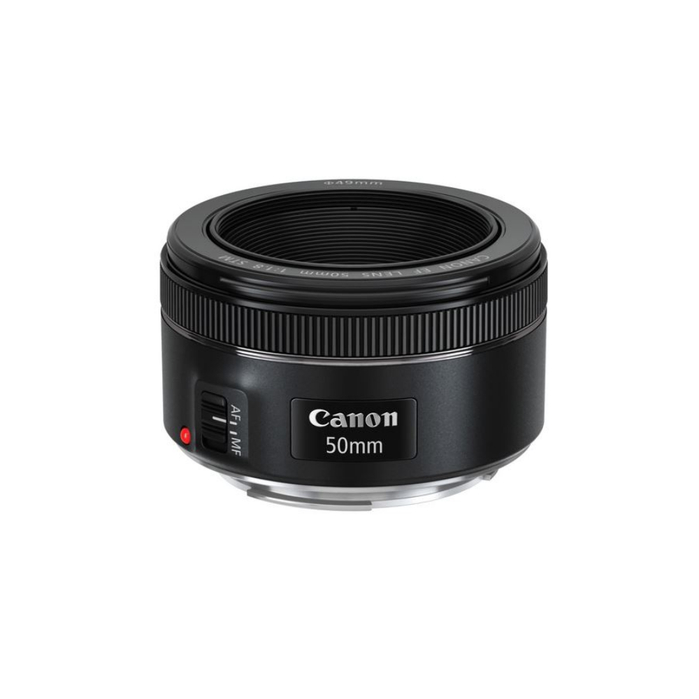 Black Canon 50mm lens with AF/MF switch and ribbed focus ring.