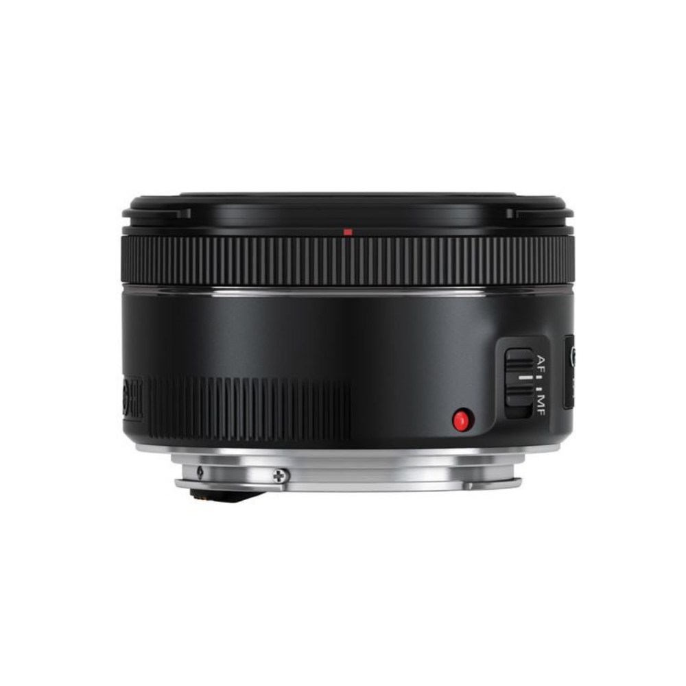 A black camera lens with a silver mount and an AF/MF switch.