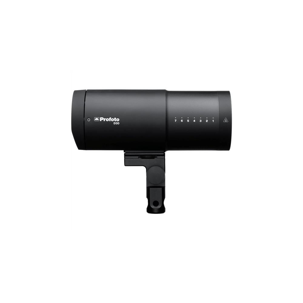 Luce stroboscopica da studio Profoto D30 nera con scala e staffa.