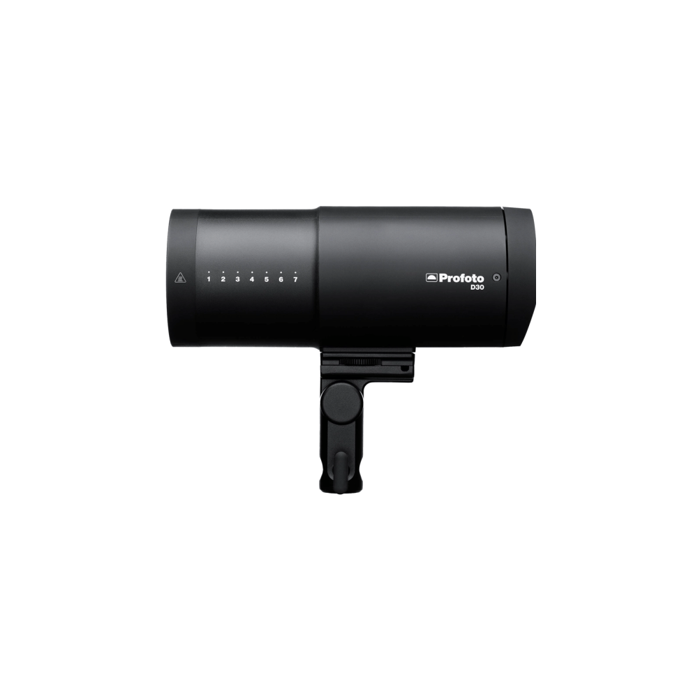 Unità flash da studio nera con segni da 1 a 7 e logo Profoto. Montata su stativo.