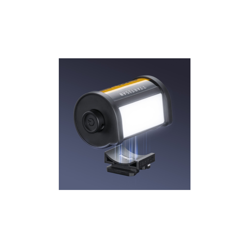TTARTISAN LED lamp met flitsschoenbevestiging, zwart en geel, op donkerblauwe achtergrond.