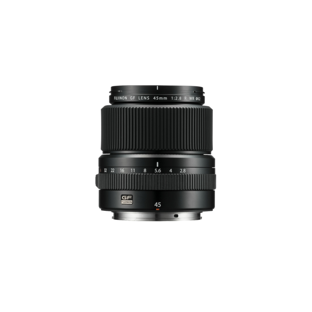A black Fujinon GF 45mm 1:2.8 lens with focus and aperture rings.
