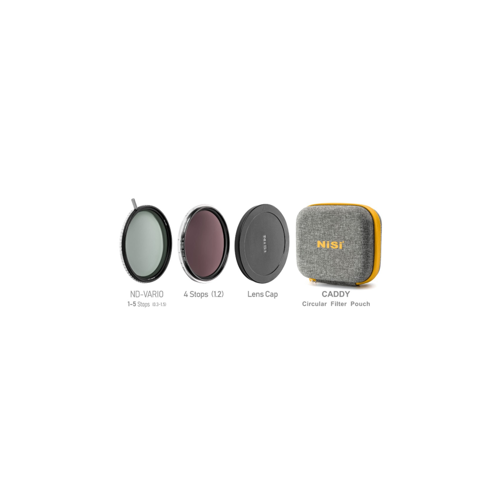 Four camera lens accessories: ND-VARIO filter, 4 Stops filter, lens cap, and grey NISI filter pouch.