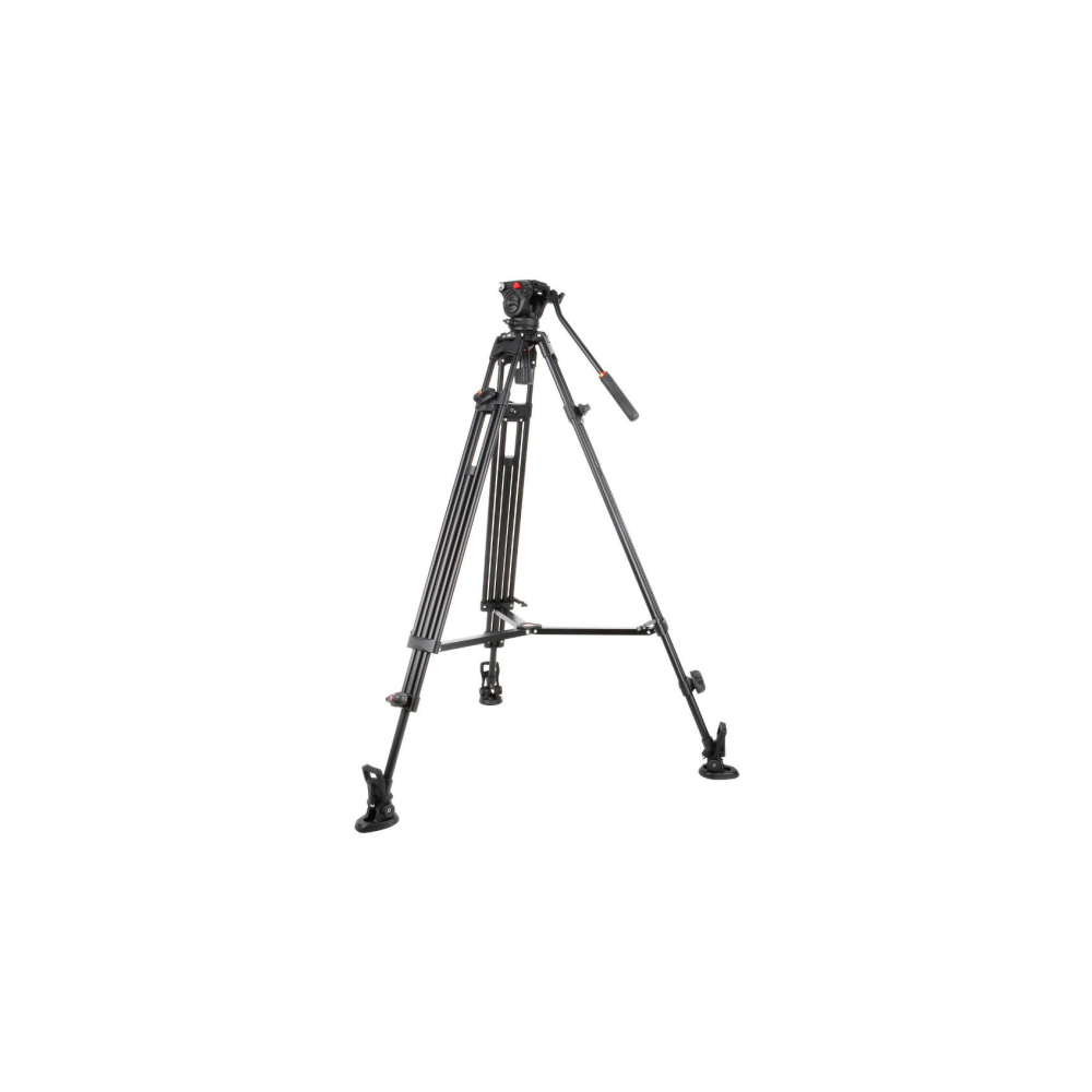 A black camera tripod with three legs and a camera head.