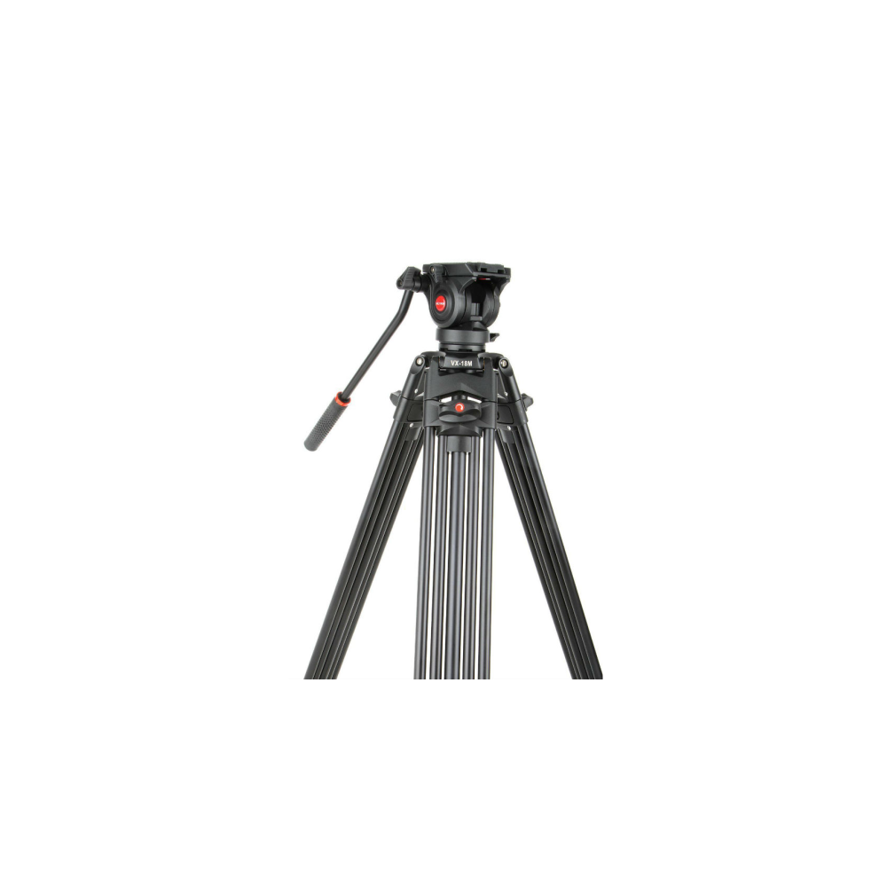 A black camera tripod with two legs and a pan arm, isolated on a white background.