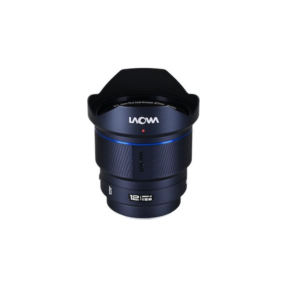 A dark Laowa 12mm F2.8 lens with a lens hood and blue accents.