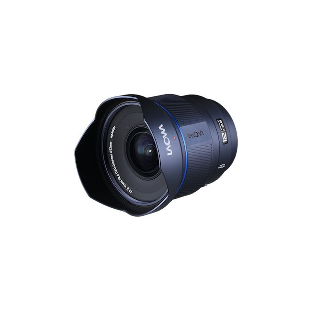 A Laowa 12mm f/2.8 lens with a lens hood and blue accents.