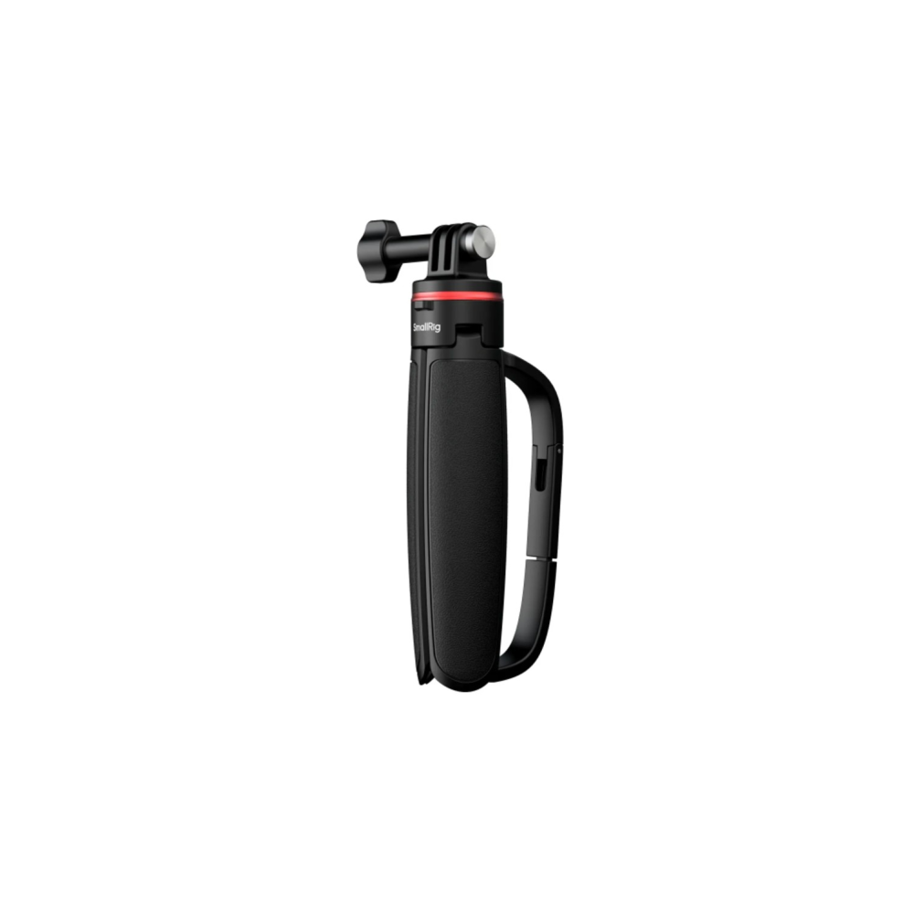 Une poignée de caméra noire avec accent rouge et support GoPro.
