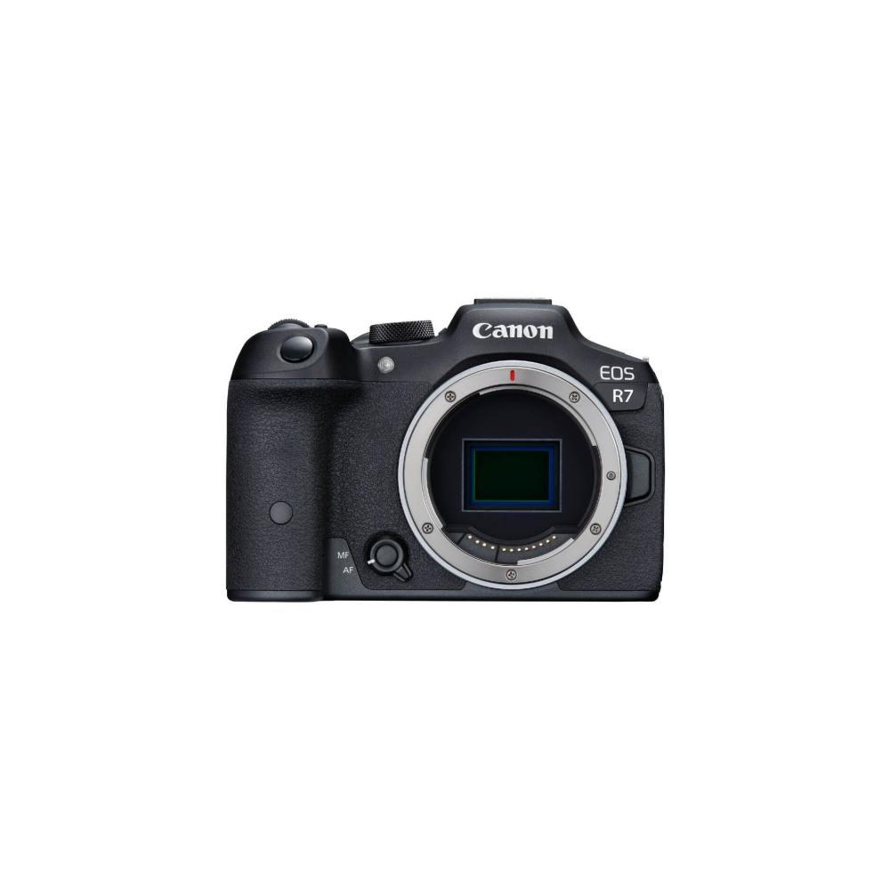 A black Canon EOS R7 camera with lens mount and control buttons.