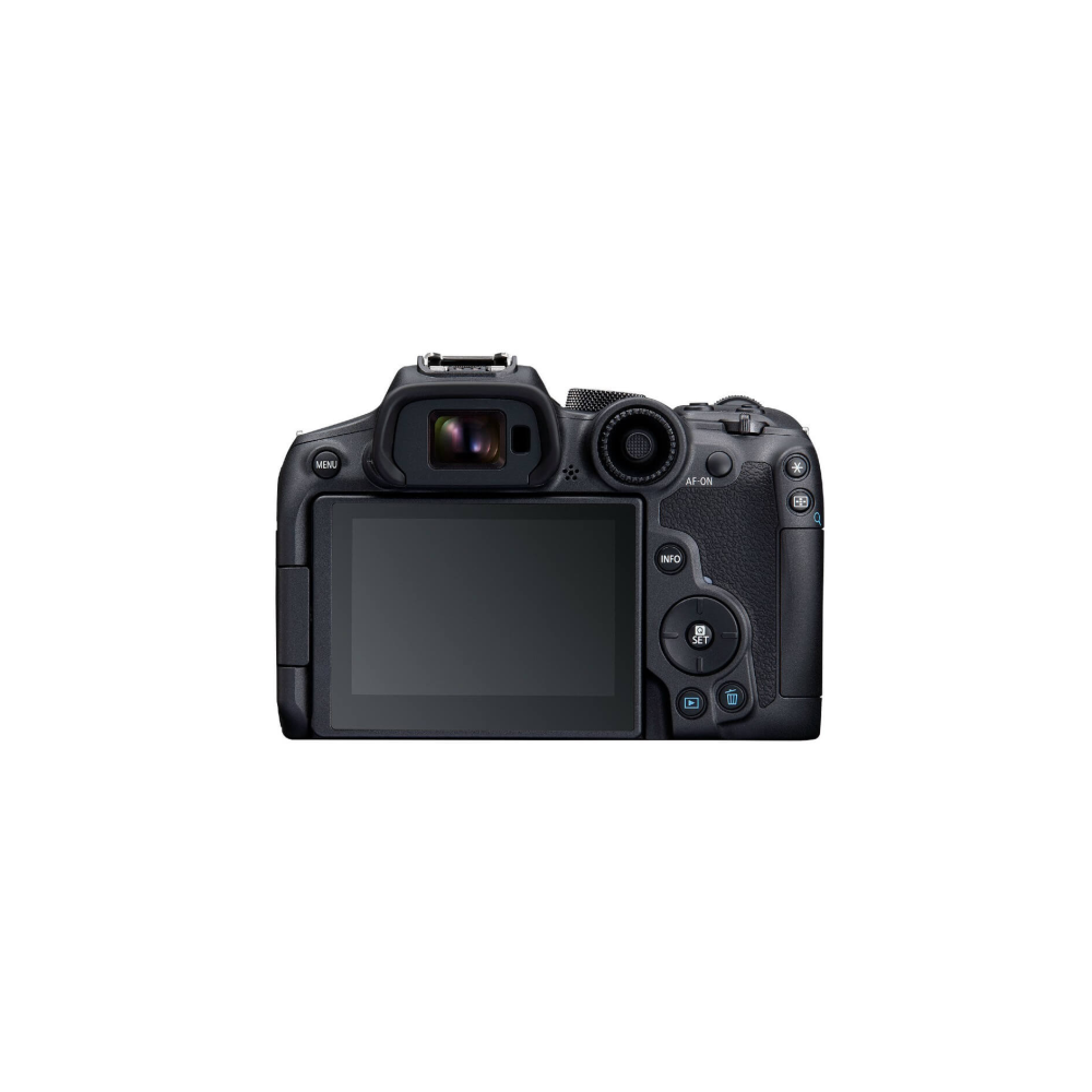 Back view of a black digital camera with an LCD screen and viewfinder.