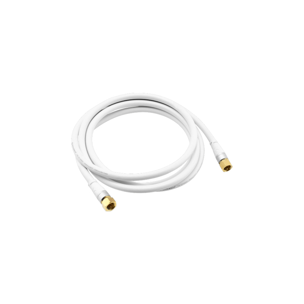 Een witte coaxkabel met gouden connectoren is opgerold.