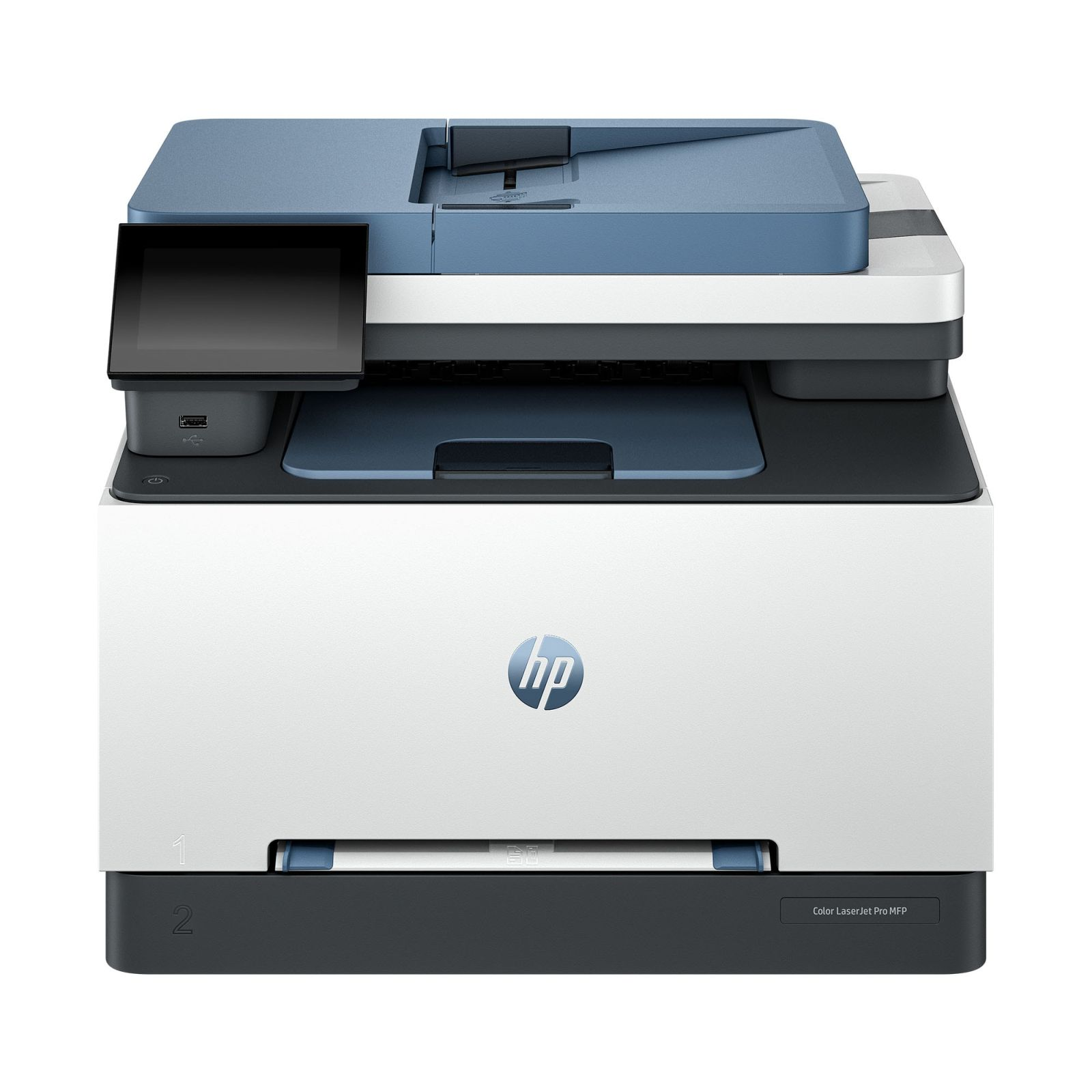 Impresora HP LaserJet Pro MFP blanca con acentos azules y grises. Incluye pantalla táctil.