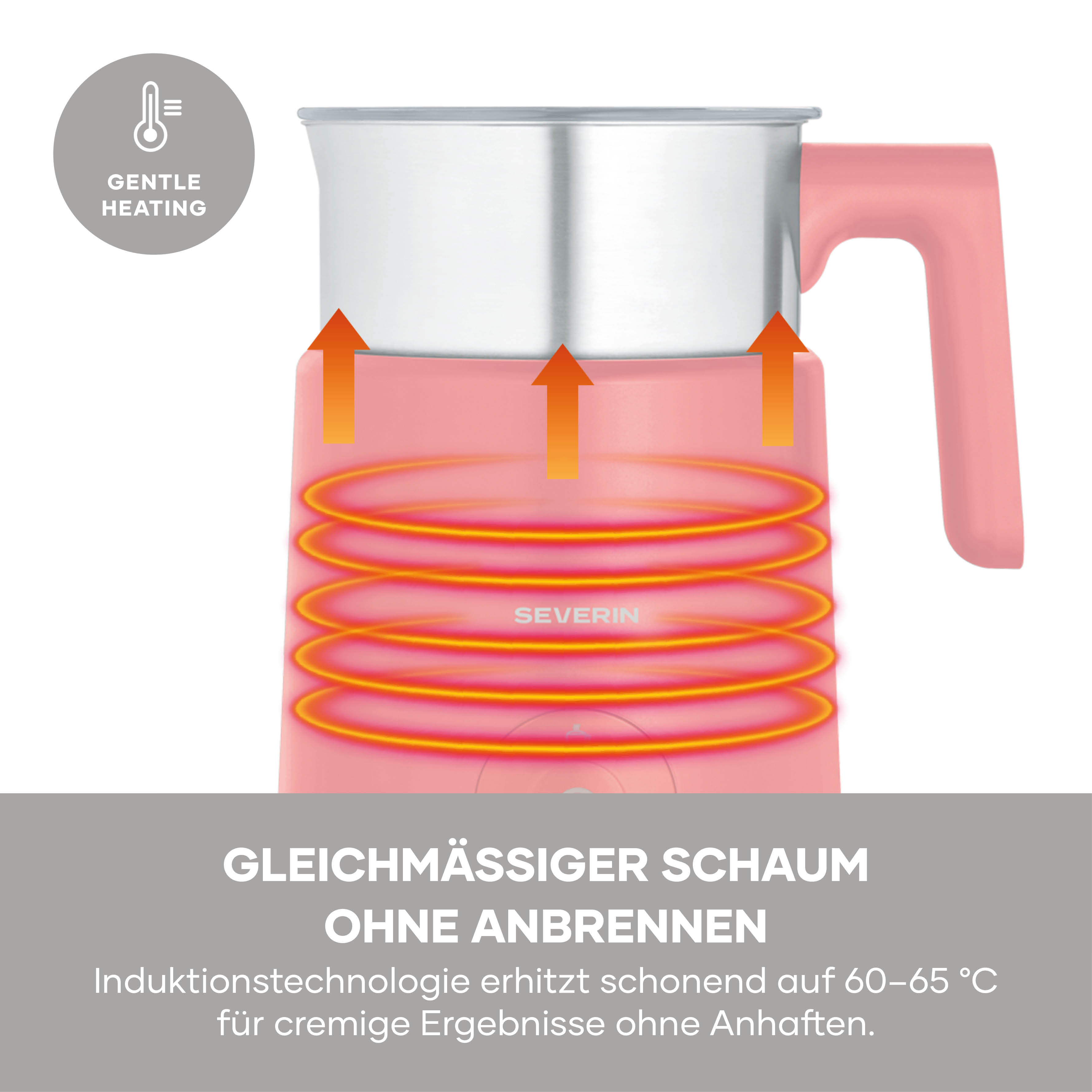 Ein rosa Milchaufschäumer mit Induktionsheizung und sanfter Wärme.