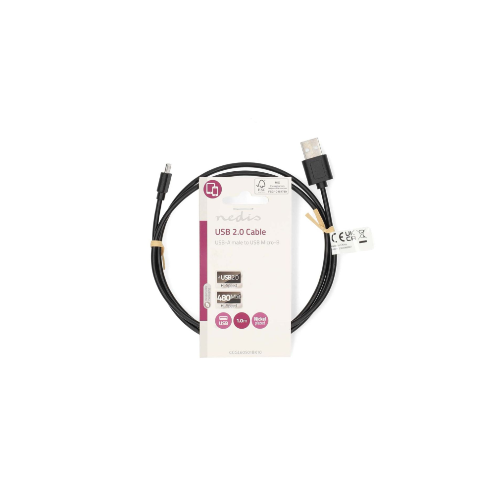 Schwarzes USB 2.0 Kabel mit USB-A zu Micro-B Anschlüssen, 1m lang.