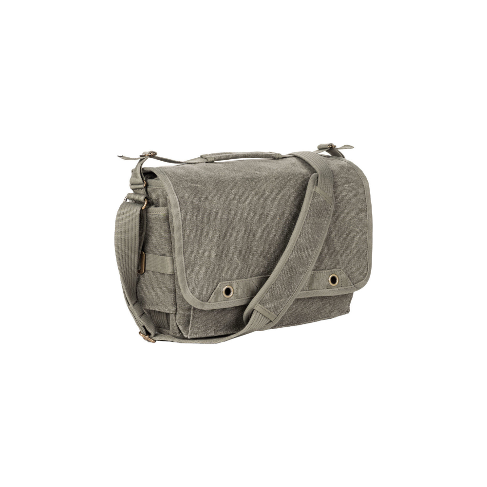 A grey canvas messenger bag with a flap and adjustable strap.