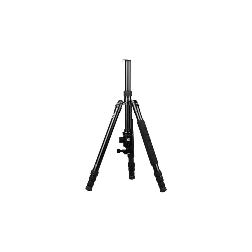 A black tripod with three legs and rubber grips is shown.