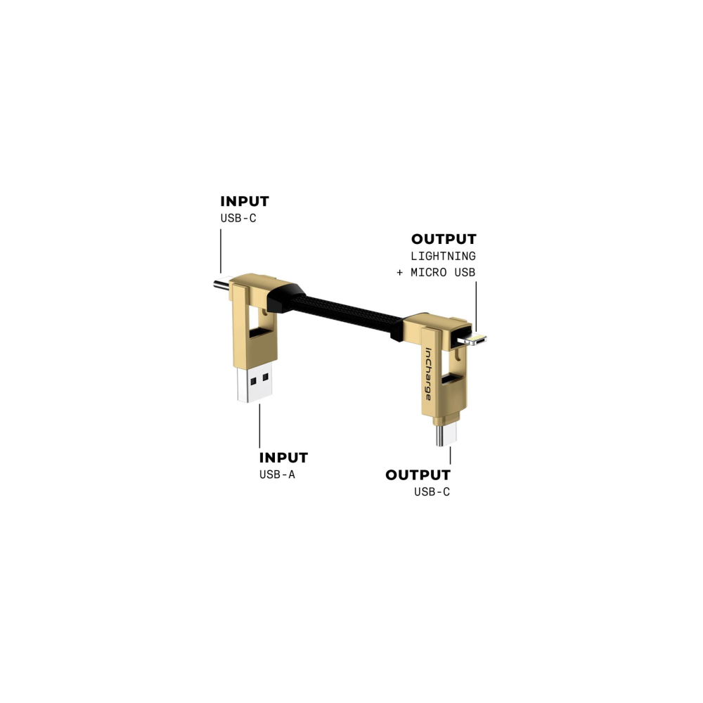 Gouden multi-kabel met USB-A, USB-C, Lightning en Micro USB connectoren.