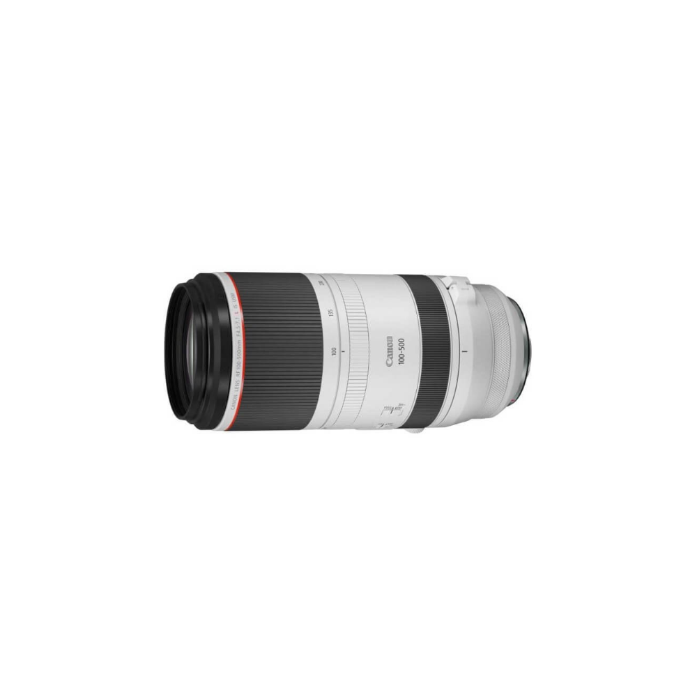 A white and black Canon lens lies horizontally on a white background.