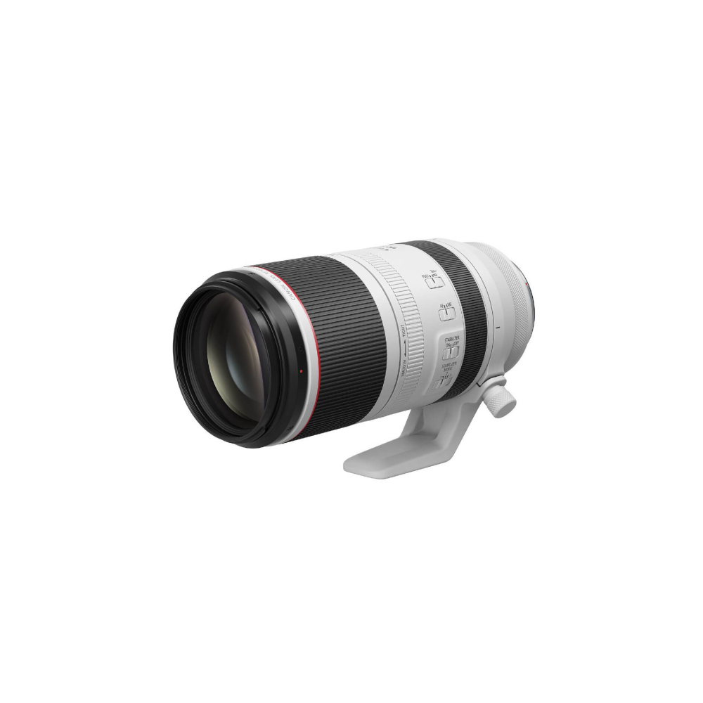 A white camera lens with black and red rings, resting on a stand.
