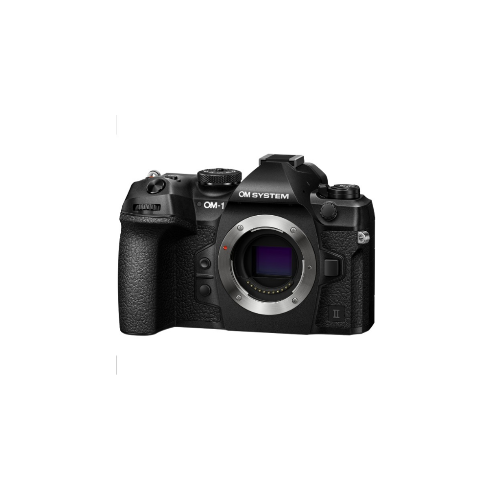 Zwarte OM System OM-1 camera met lensvatting en bedieningselementen.