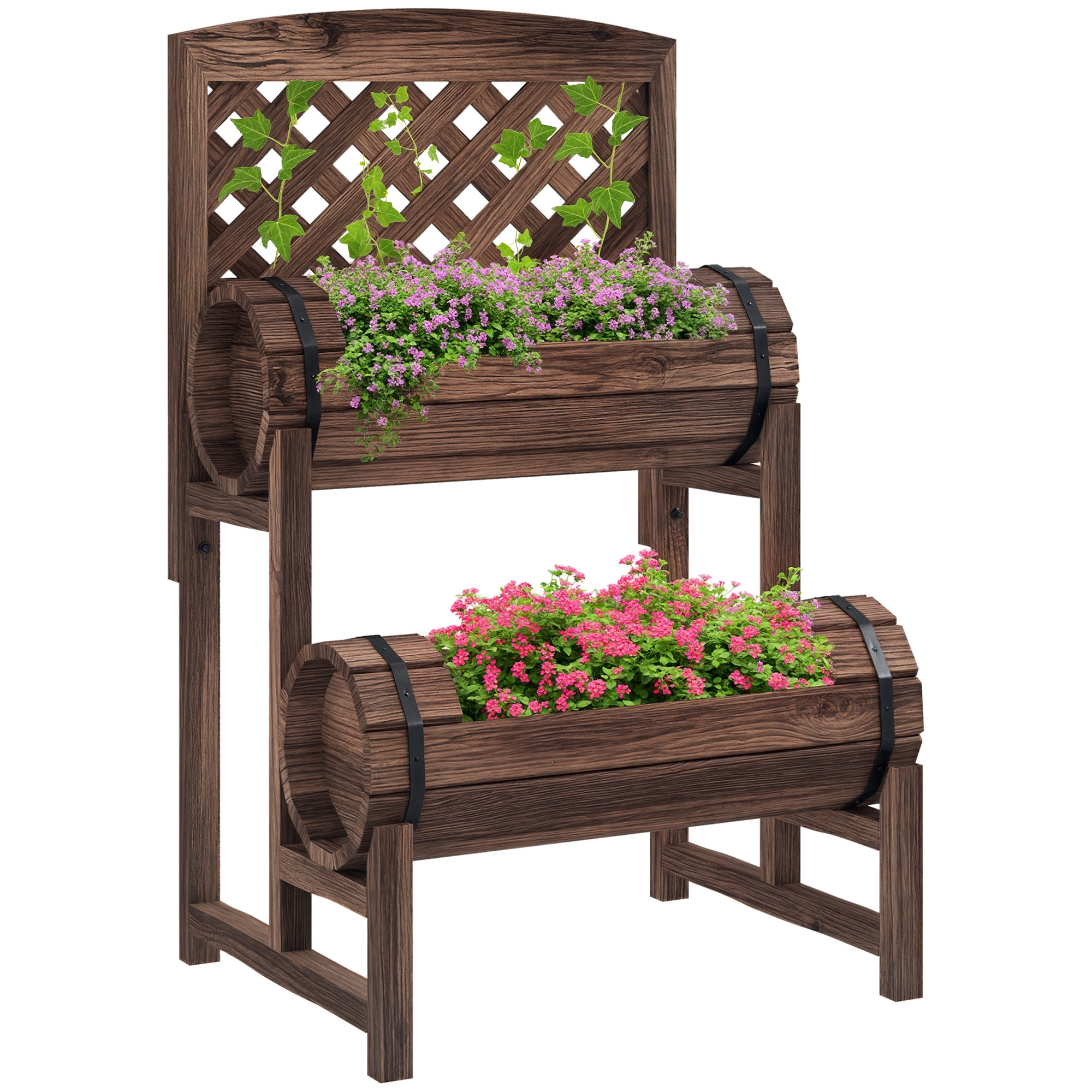 Fioriere in legno a due livelli con fiori rosa e viola e una grata sullo sfondo.