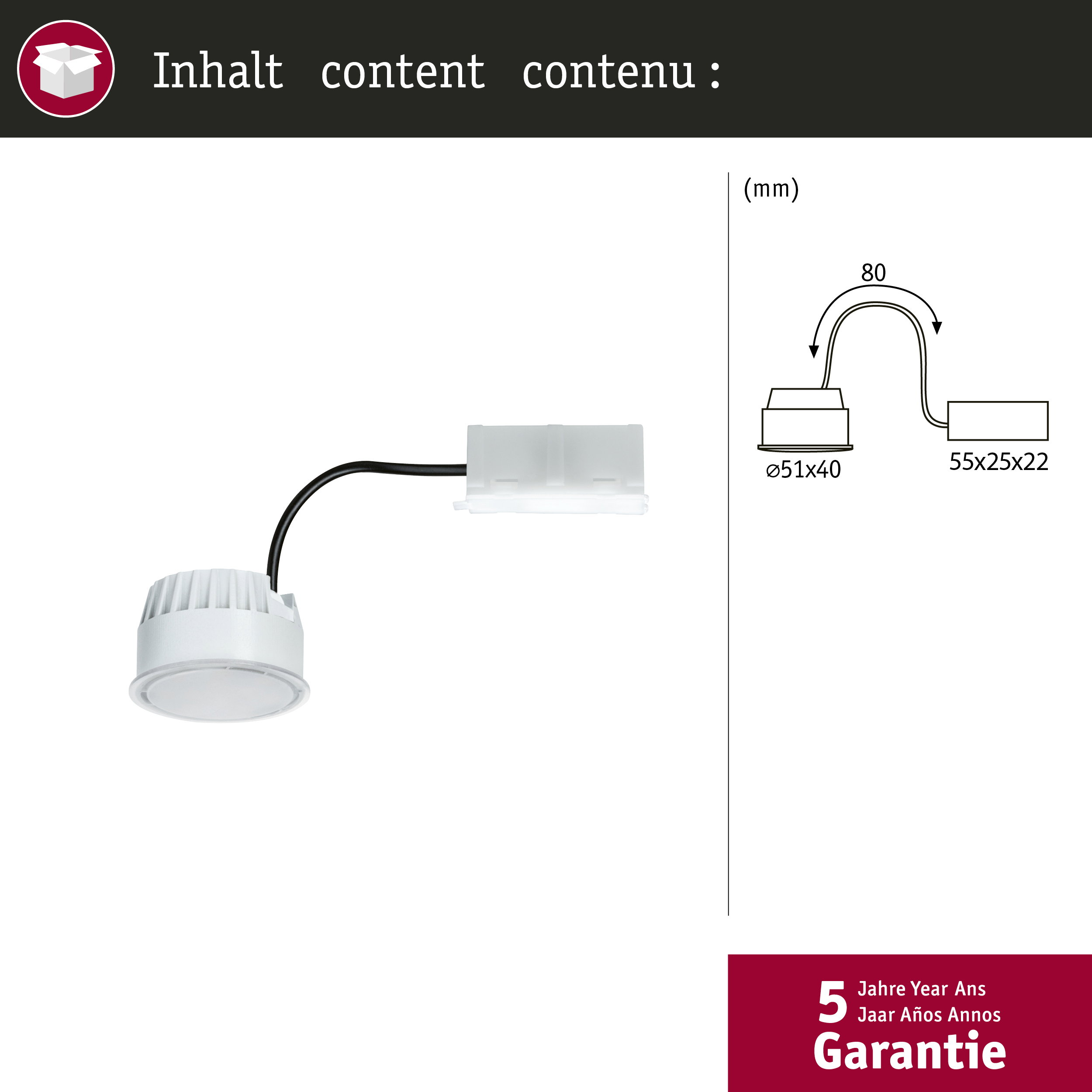 Luce LED bianca con cavo di collegamento e dimensioni in un disegno tecnico.