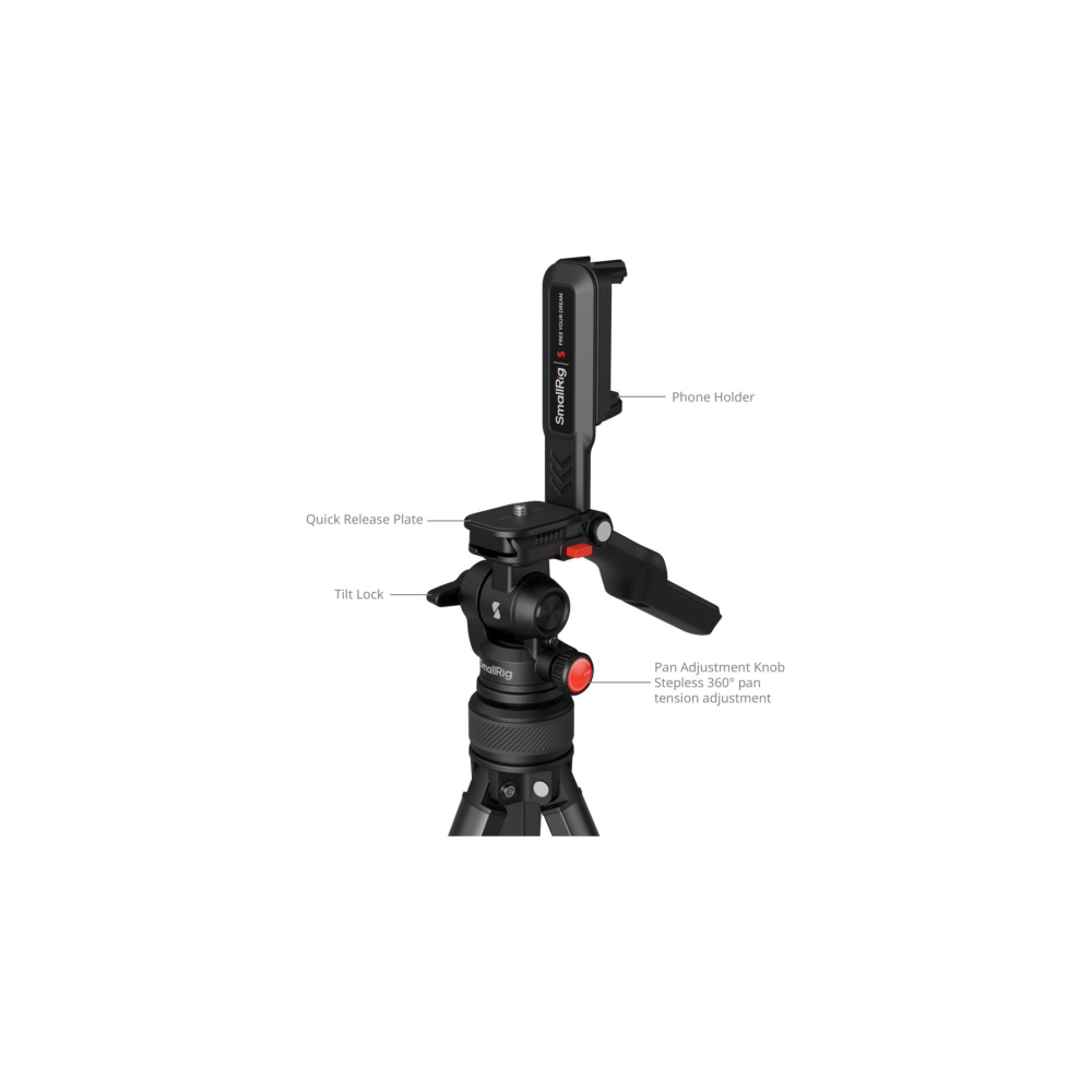 A black camera tripod head with a phone holder, quick release plate, and adjustment knobs.