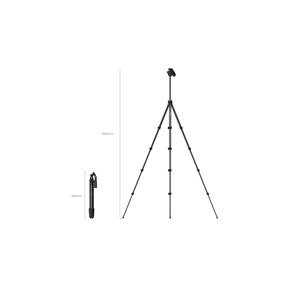 An extended and a folded black tripod with dimensions.