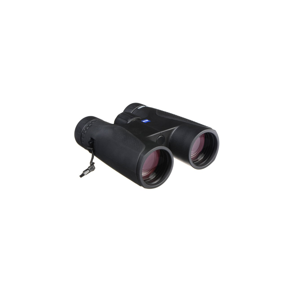 Black binoculars with red lenses on a white background.
