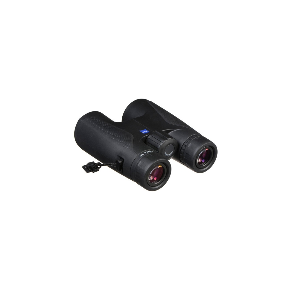 Black Zeiss binoculars with focus wheel and strap, isolated on white.