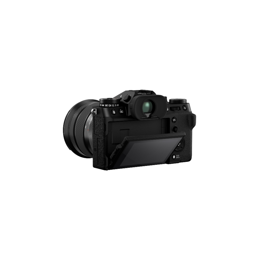 Zwarte digitale camera met open scherm, lens aan de linkerkant.