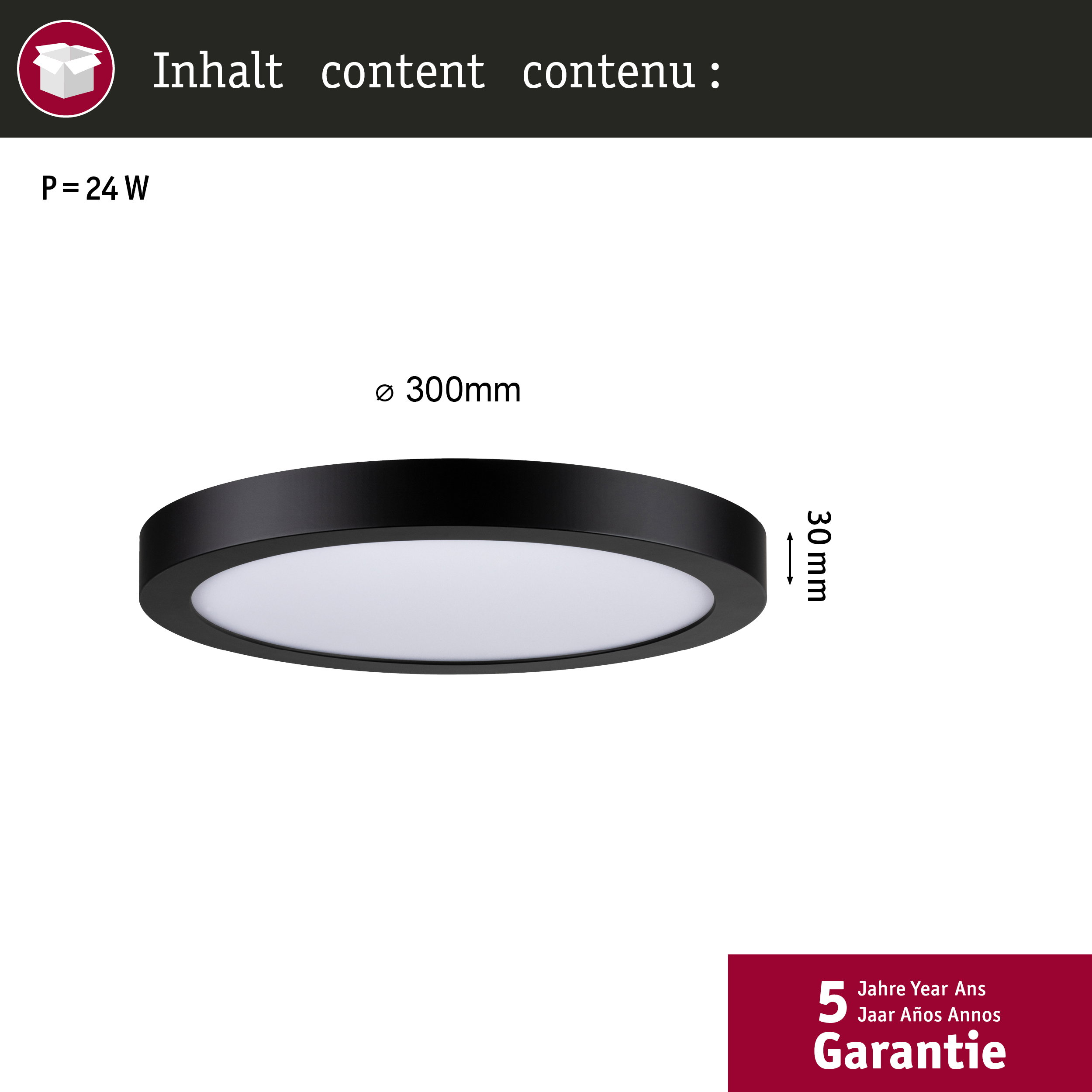 Schwarze Deckenleuchte mit 300mm Durchmesser und 30mm Höhe, 24W.