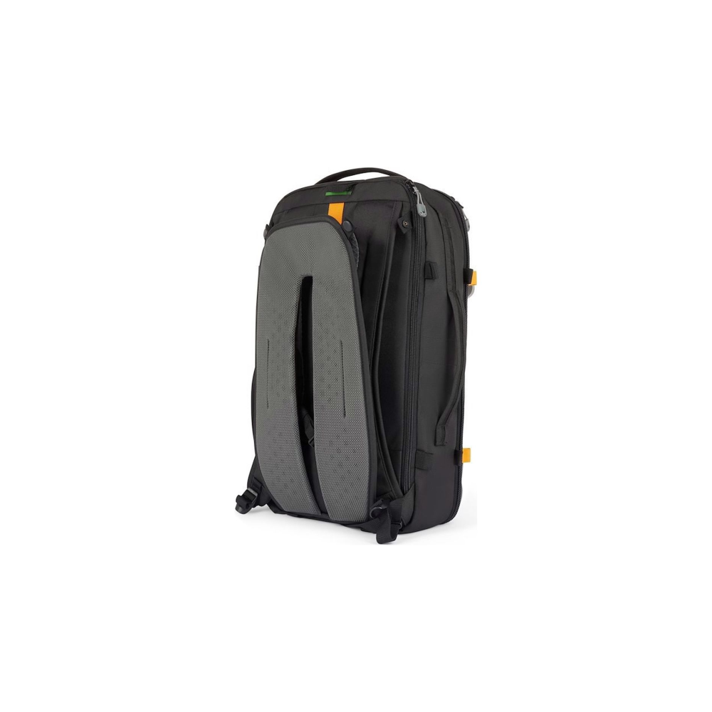 Black backpack with padded back panel and orange accents.