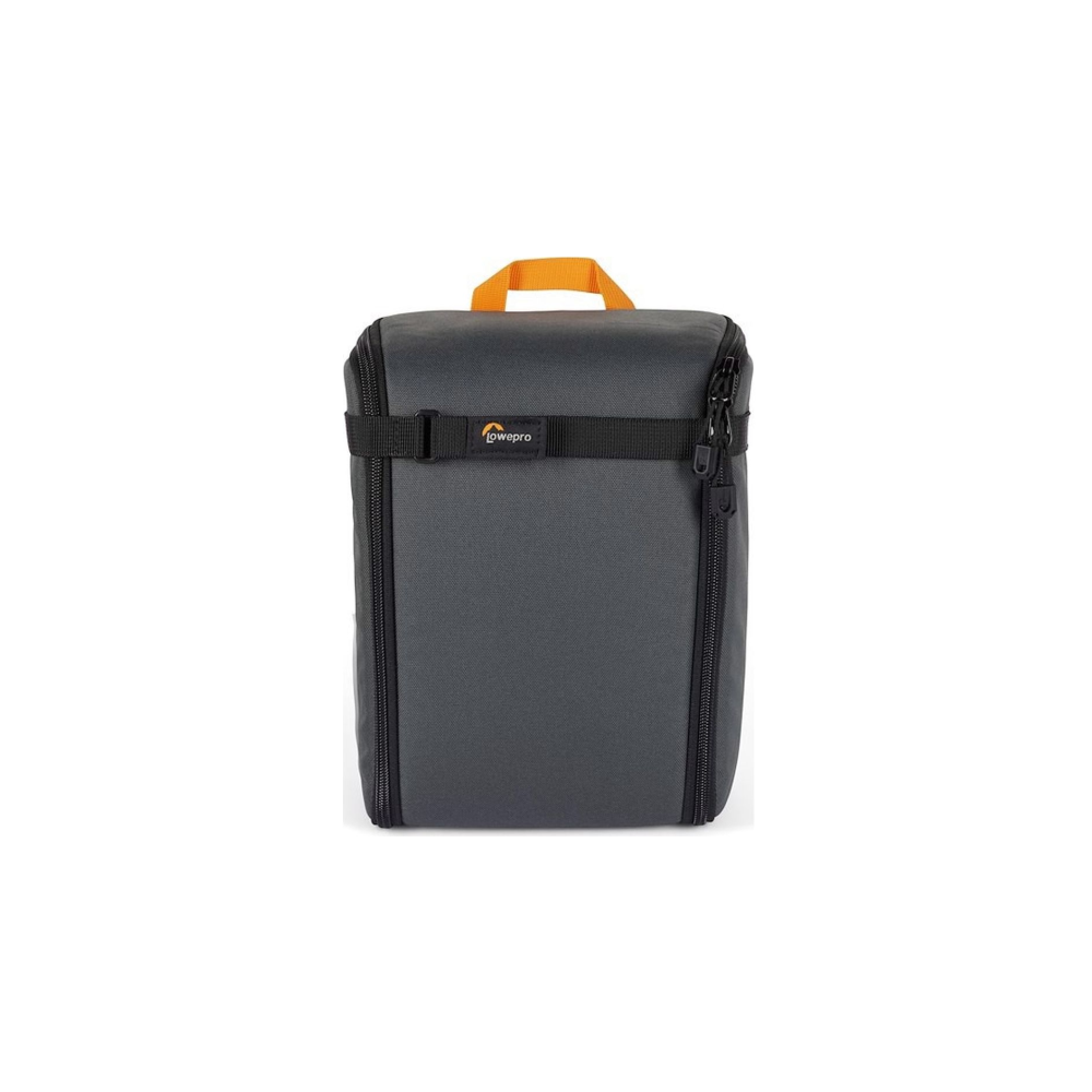 A gray camera bag with an orange handle and black strap.