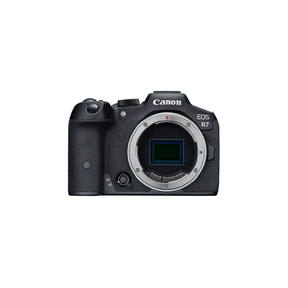 Black Canon EOS R7 camera with lens mount and markings.