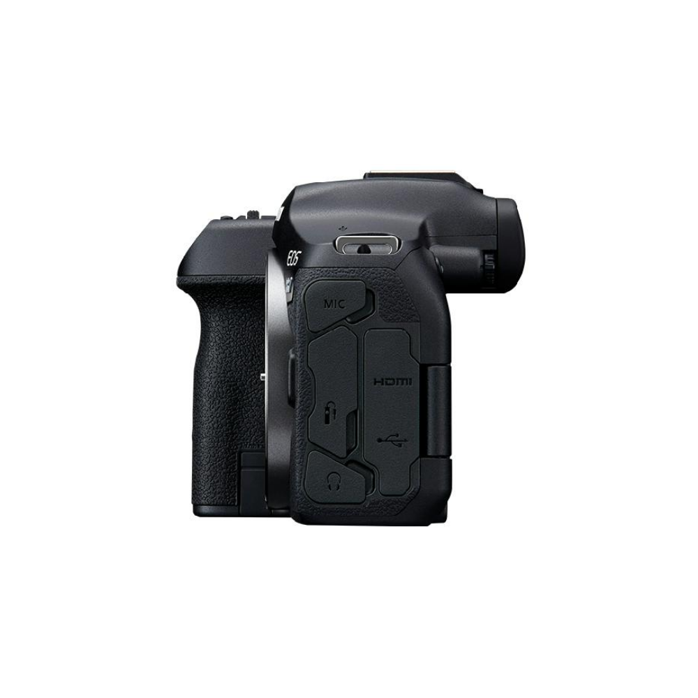 Black EOS camera showing ports for mic, HDMI, and USB.