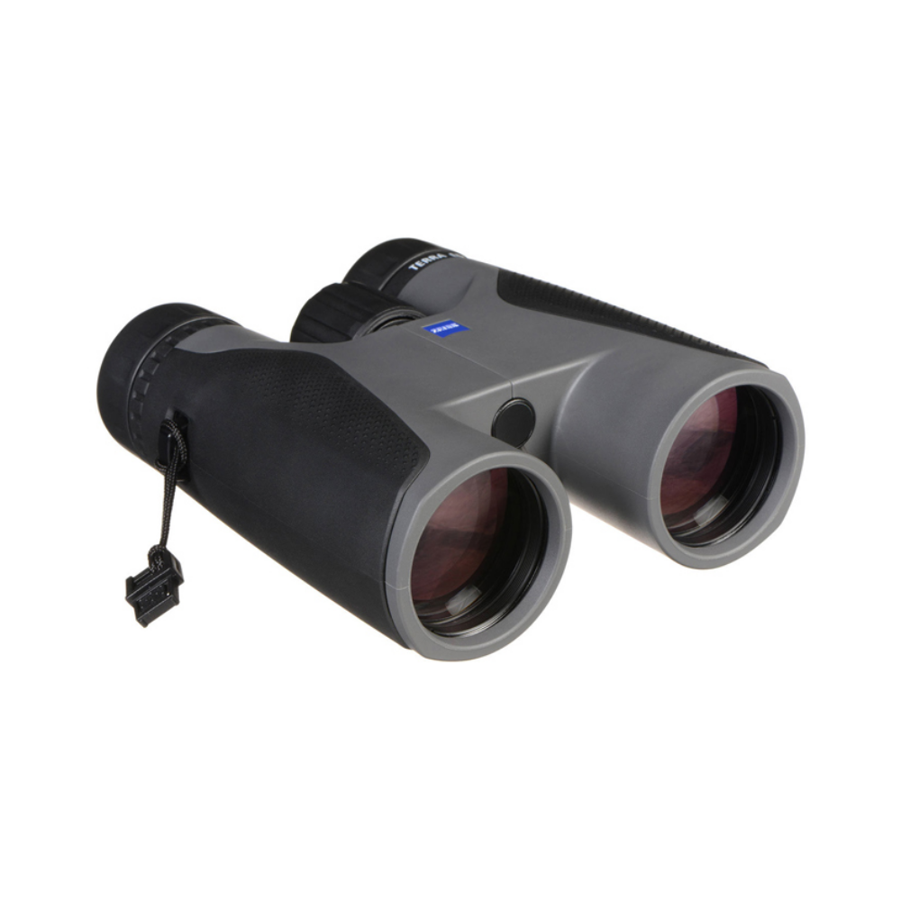Gray binoculars with black rubber grips on a white background.