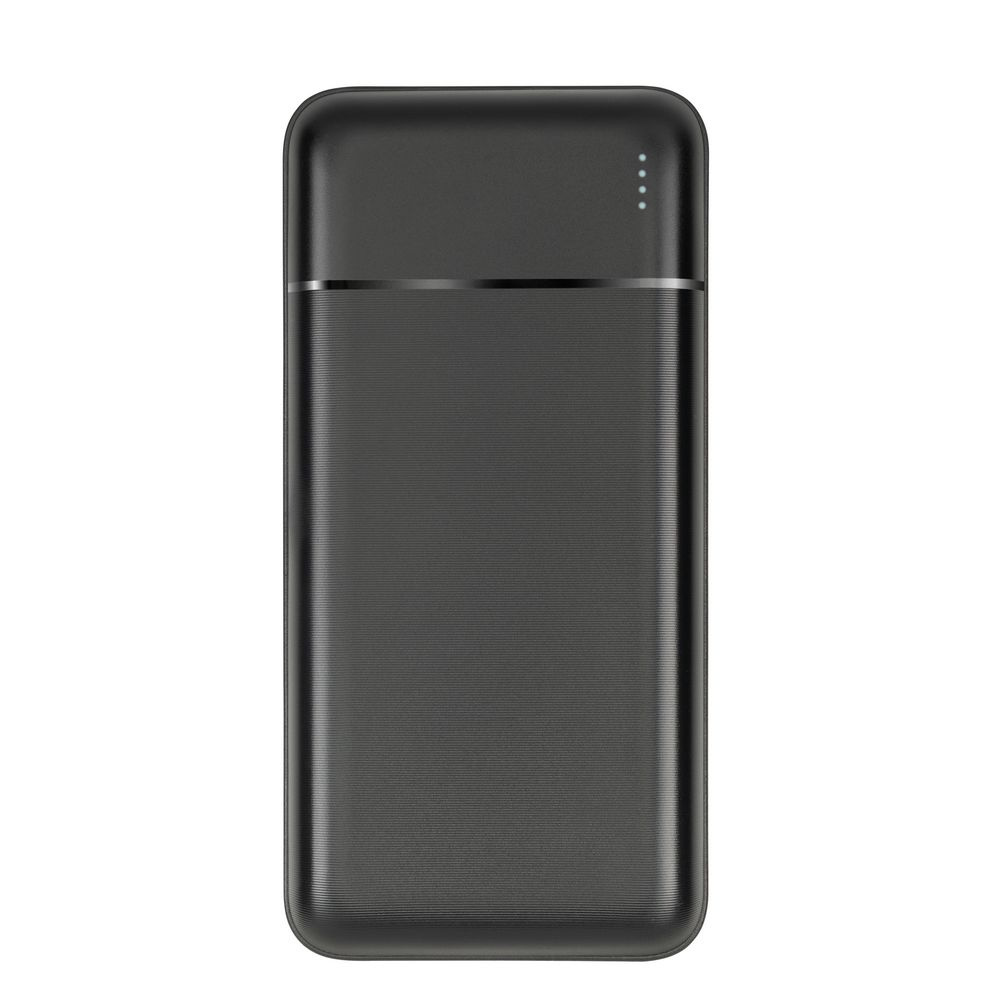 Czarny power bank z czterema małymi białymi kropkami wskaźnika ładowania w prawym górnym rogu.