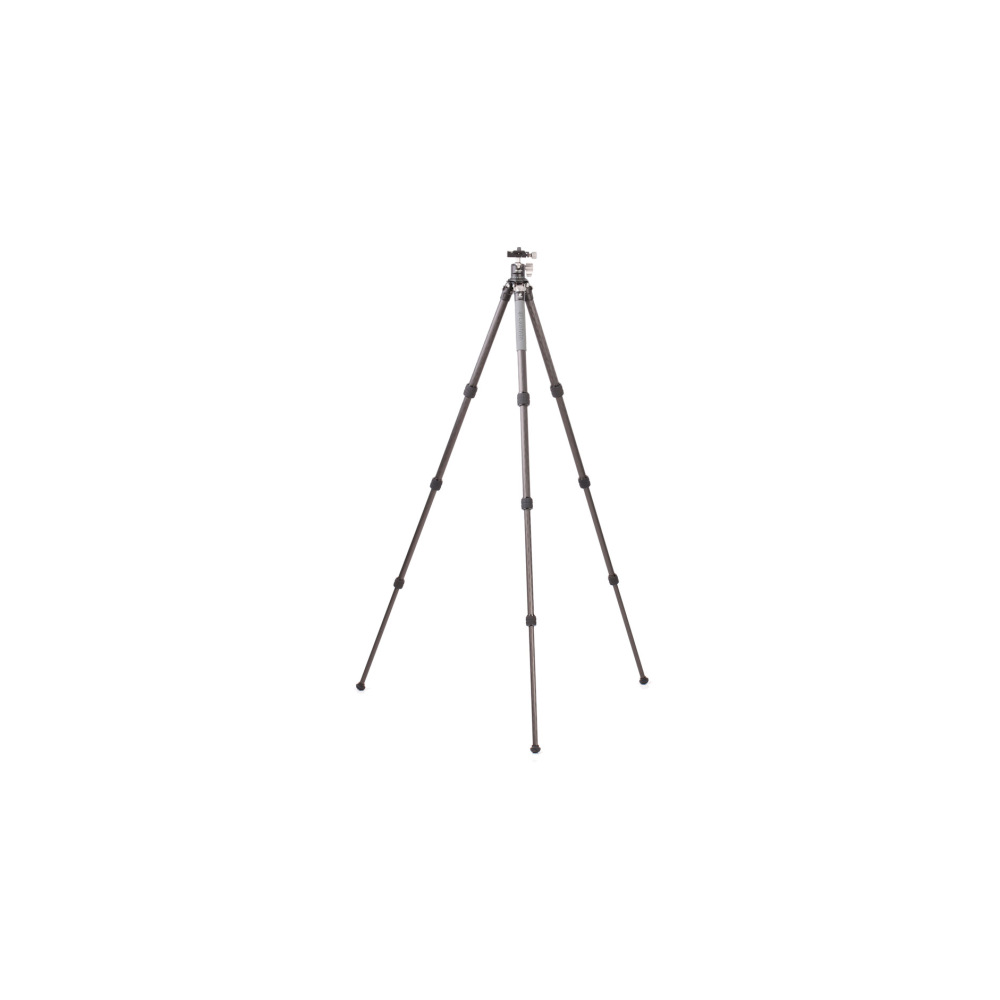 A gray tripod with three legs and a camera mount stands on a white background.
