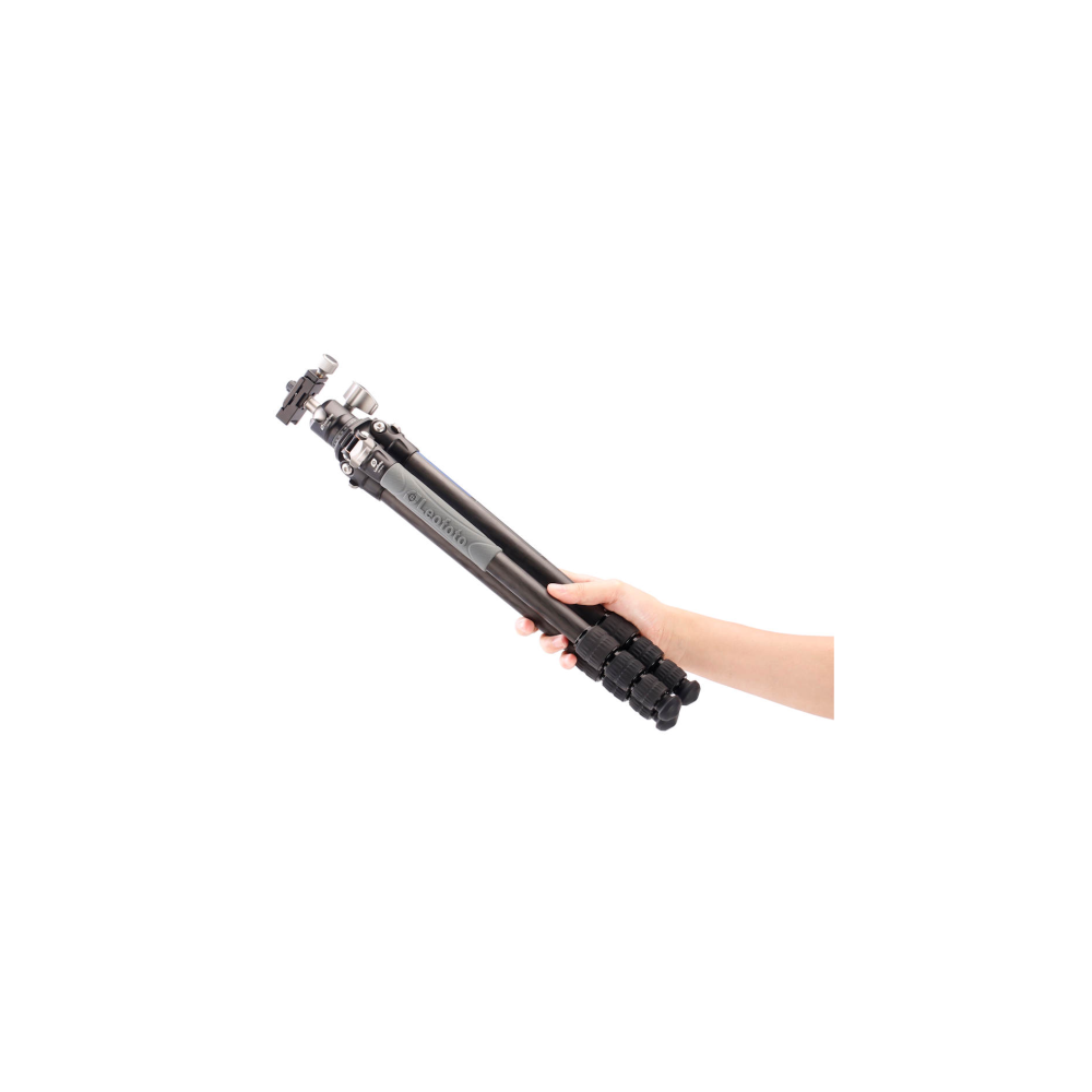 A hand holds a black tripod with a ball head, against a white background.
