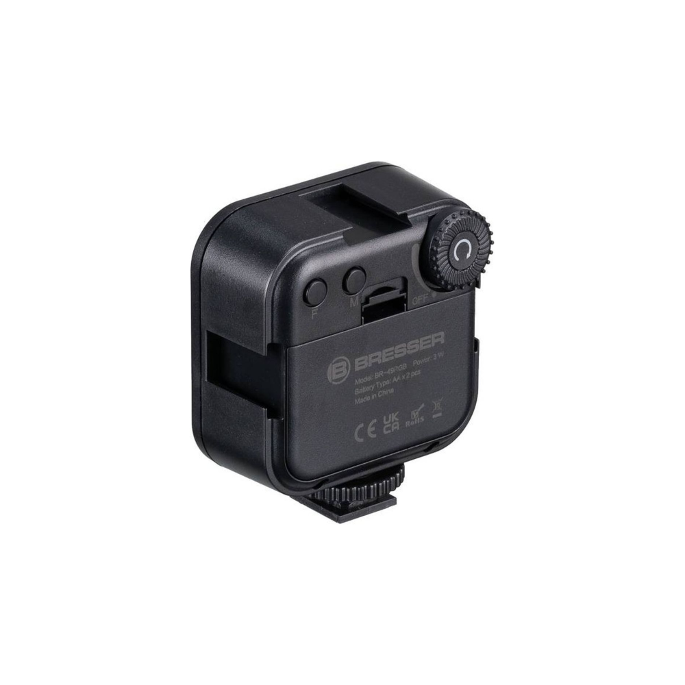 Zwarte Bresser BR-49RGB flitser met AA batterijen, 3W vermogen.