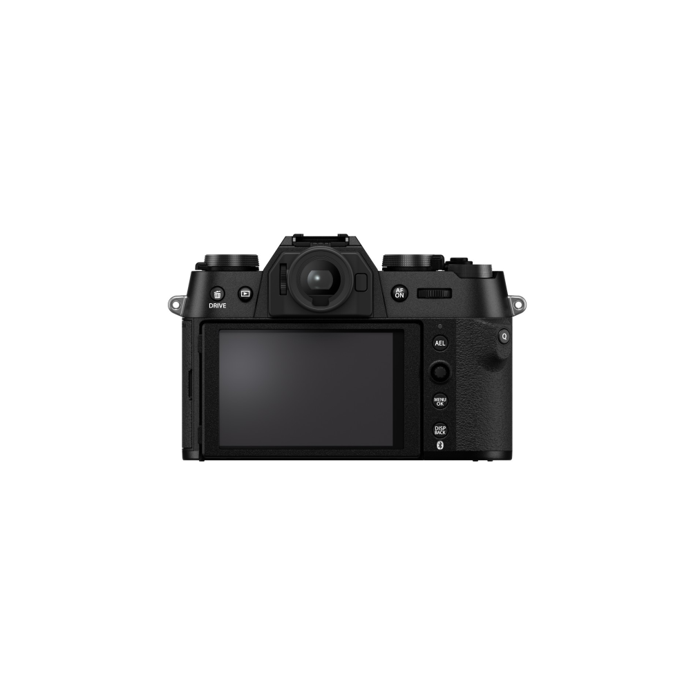 Achterkant van een zwarte digitale camera met LCD-scherm en bedieningsknoppen.