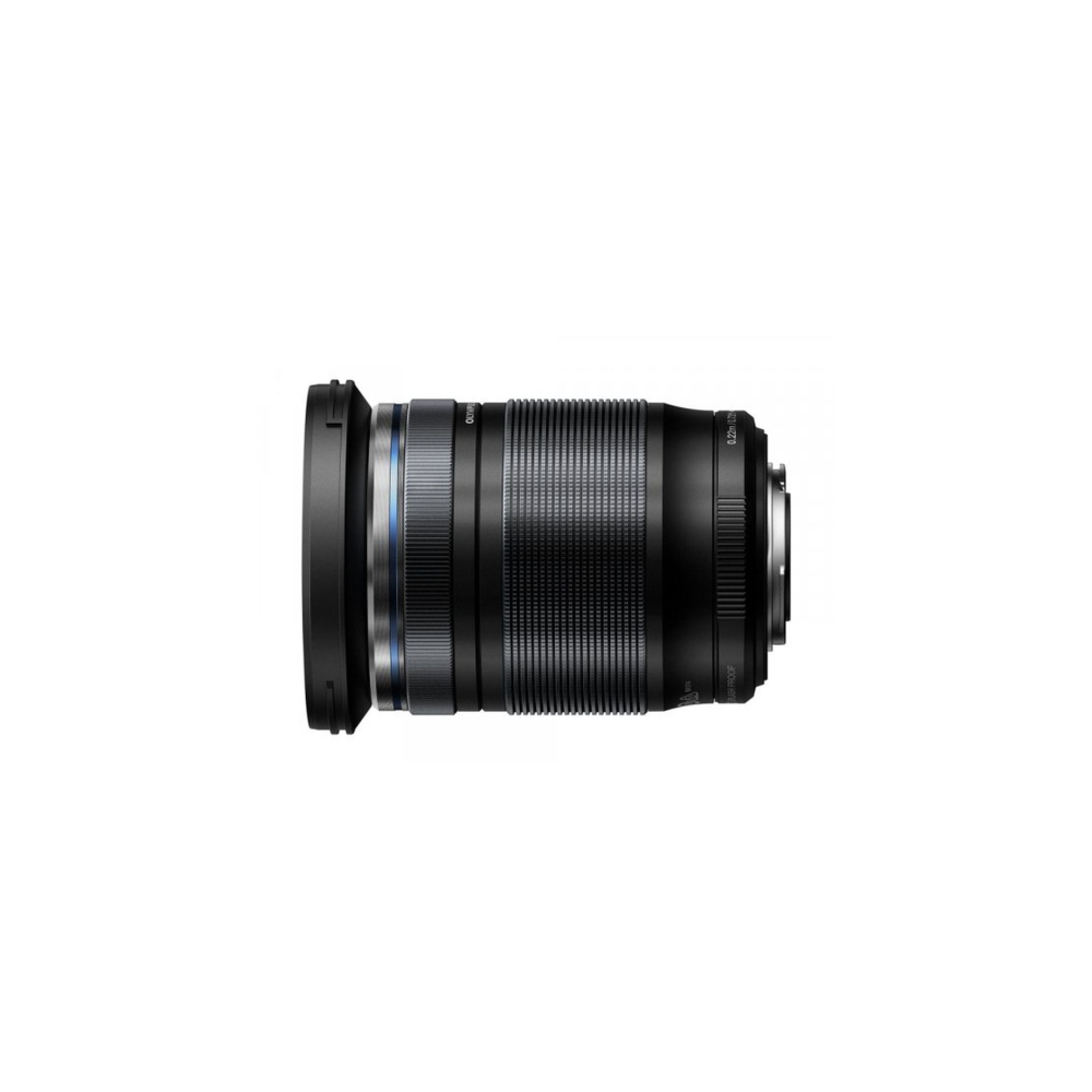 A black camera lens with silver rings and blue accents.