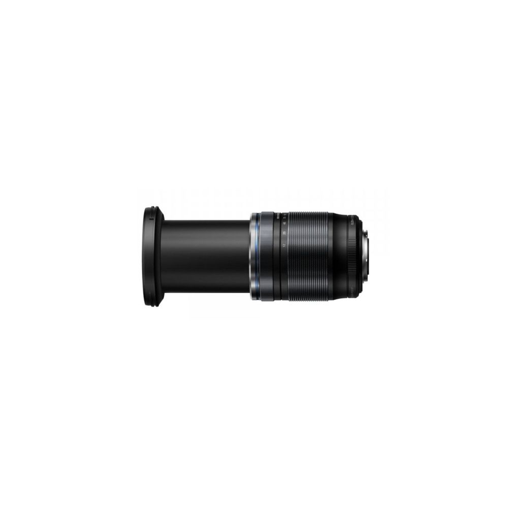 A black camera lens with silver and blue rings on a white background.